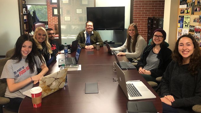 Students enrolled in the UM Disaster Sciences minor program meet with Stefan Schulenberg (center), professor of psychology and director of the Clinical-Disaster Research Center. The students are (from left) Courtney Pomfrey, Mikaela Raley, Sunny Patel, Calli Holland, Emily Gawlik and Phoebe Lavin. All the students except Raley, a first-year graduate student, are undergraduate student research assistants. 